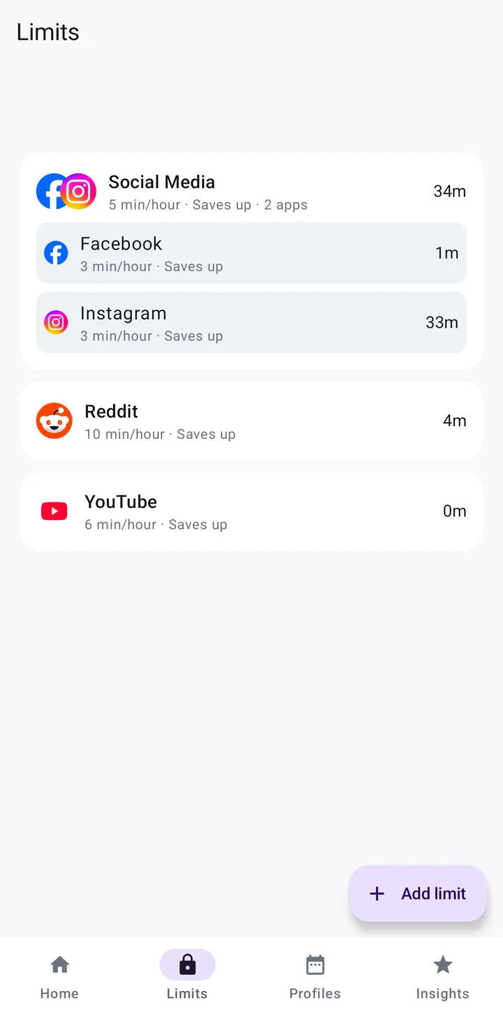 Trickle limits screen with a Social Media group containing Facebook and Instagram, plus Reddit and YouTube