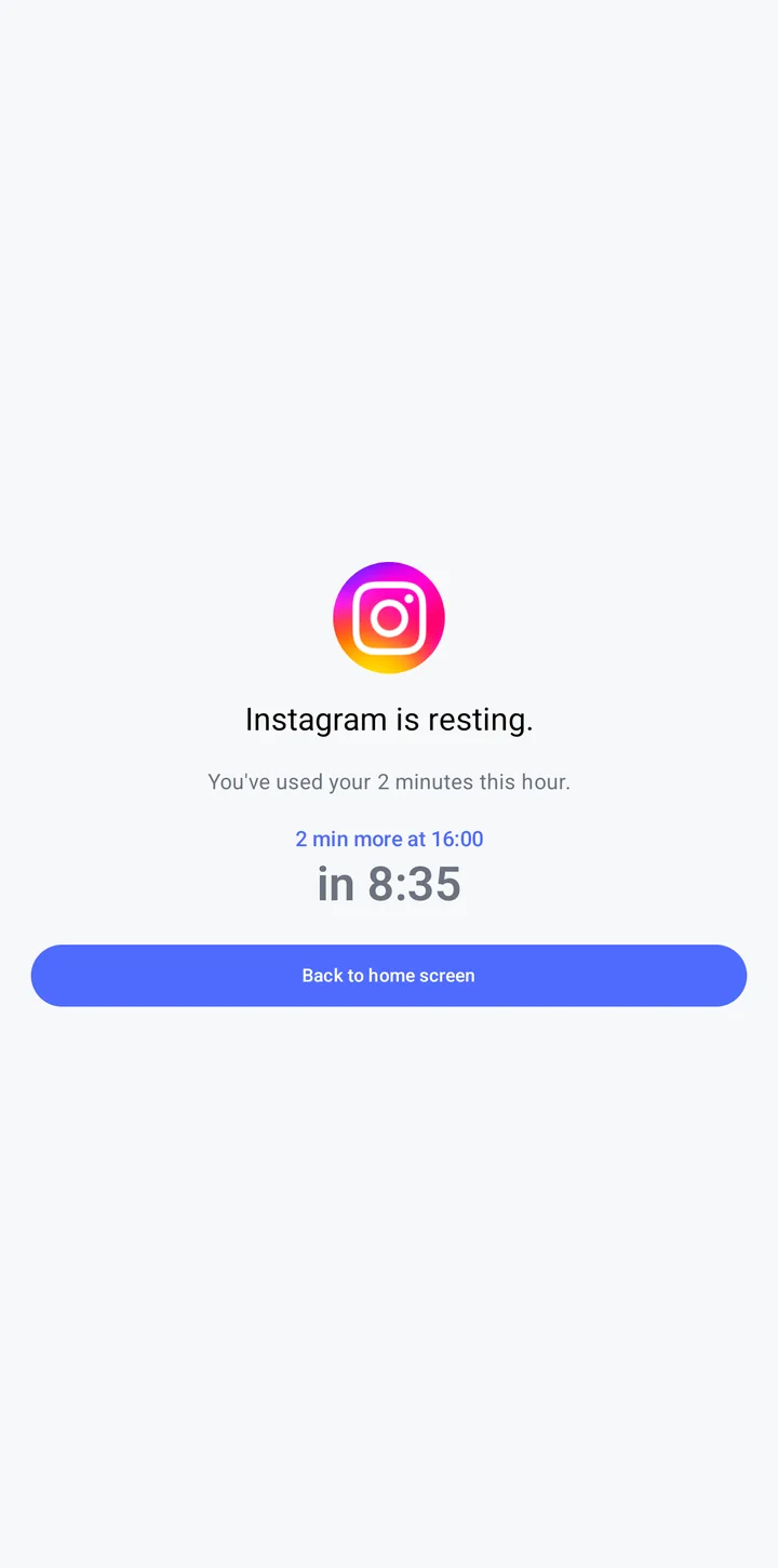 Trickle resting screen: Instagram is resting, with a countdown to more minutes